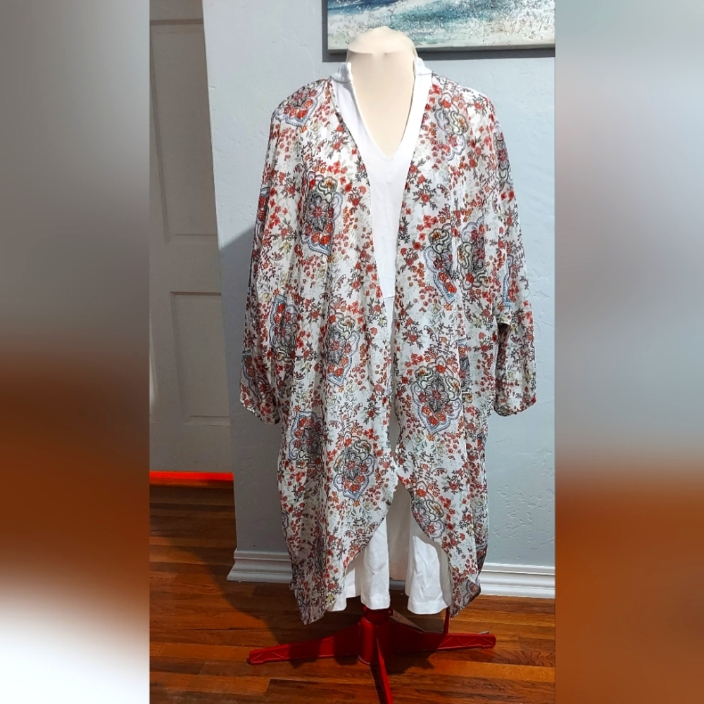 I.N. Studio Sheer white with orange floral design 3X